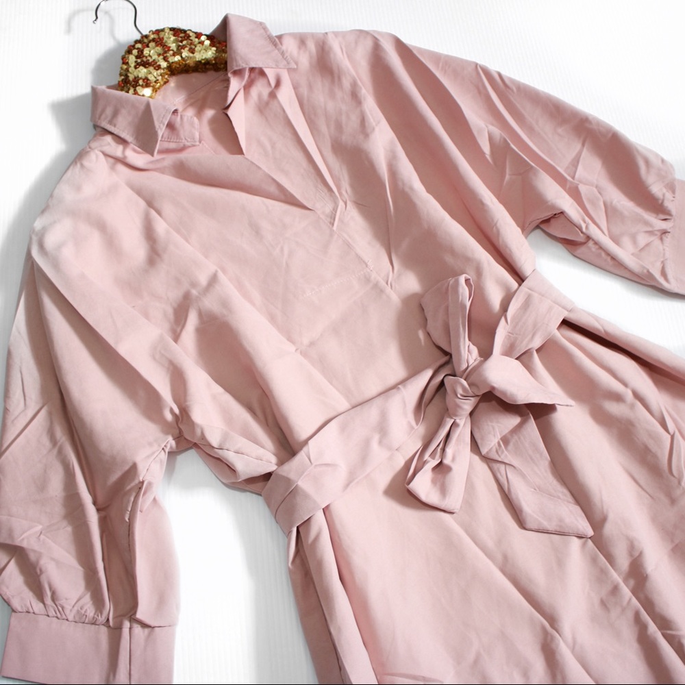 ❗️Dusty Pink 3/4 Sleeve Curved Hem Shirt Dress - Picture 6 of 7